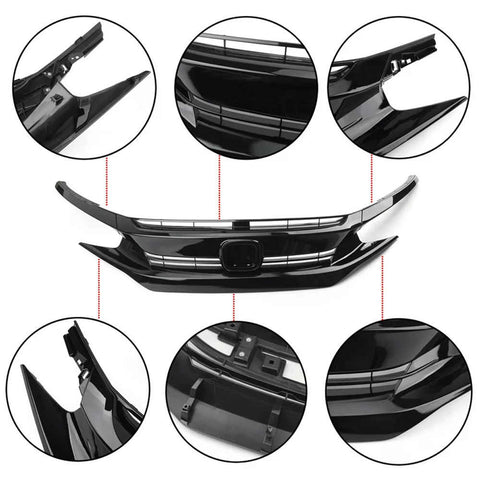 Honda Civic X Turbo Grill Piano Black 3 Pieces 2016-2021
