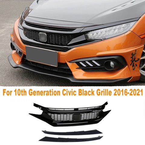 Honda Civic X Turbo Grill Piano Black 3 Pieces 2016-2021